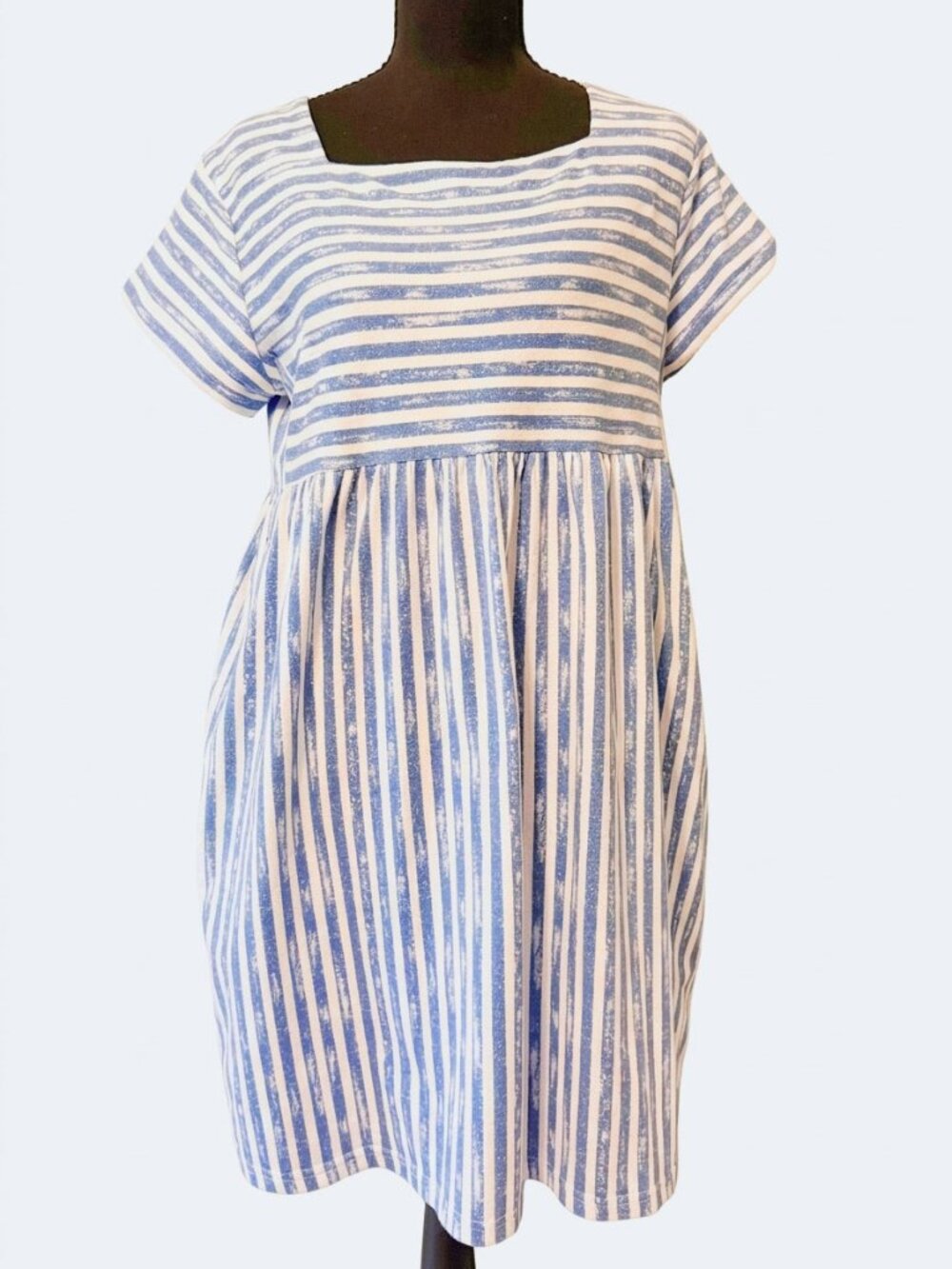 Blue & White Striped Babydoll Mini Dress w/ Pockets Square Neck Cap Sleeve L